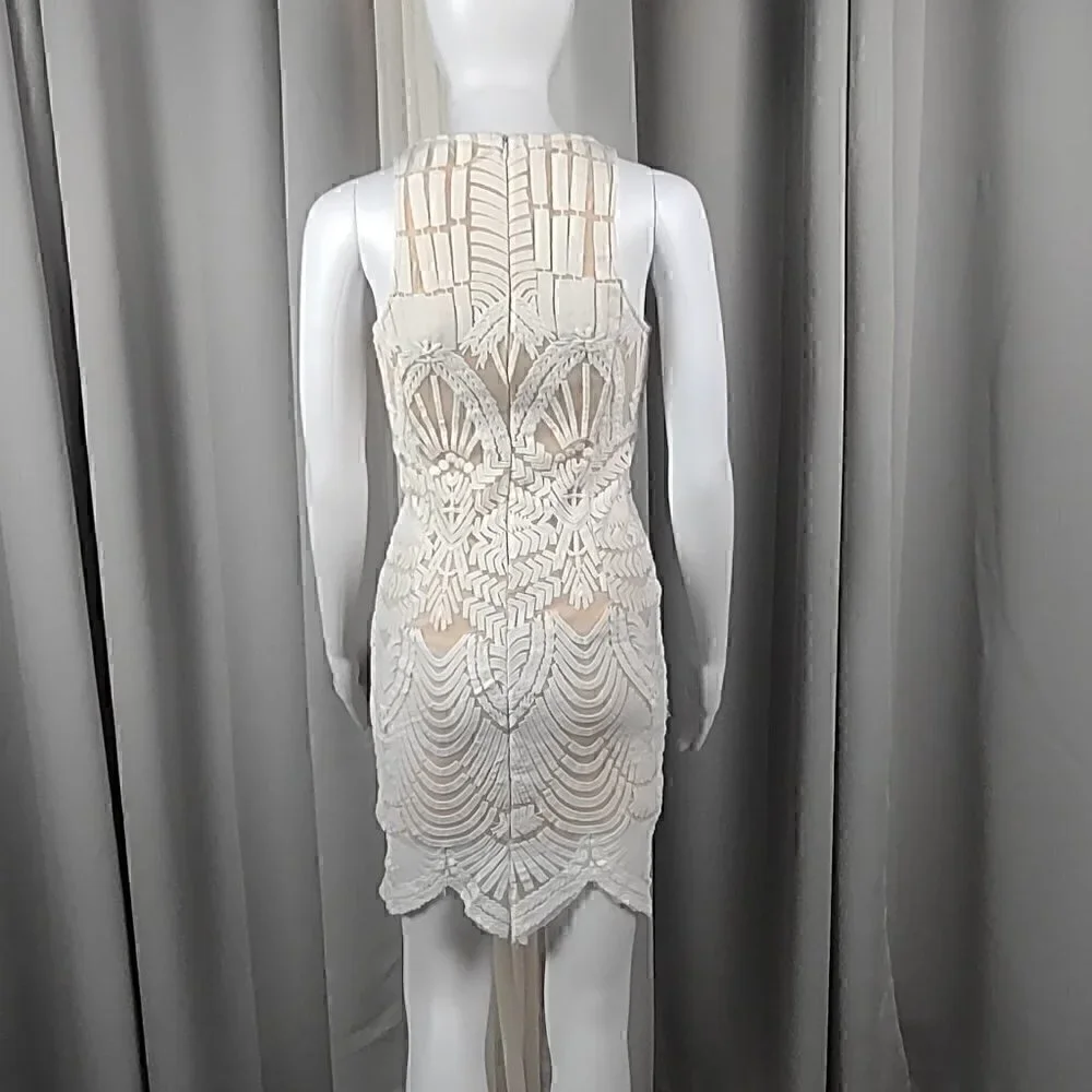 Tea & Cup Cream Bodycon Fitted & Lined Cotton Mini Dress. Size Small - Picture 5 of 13